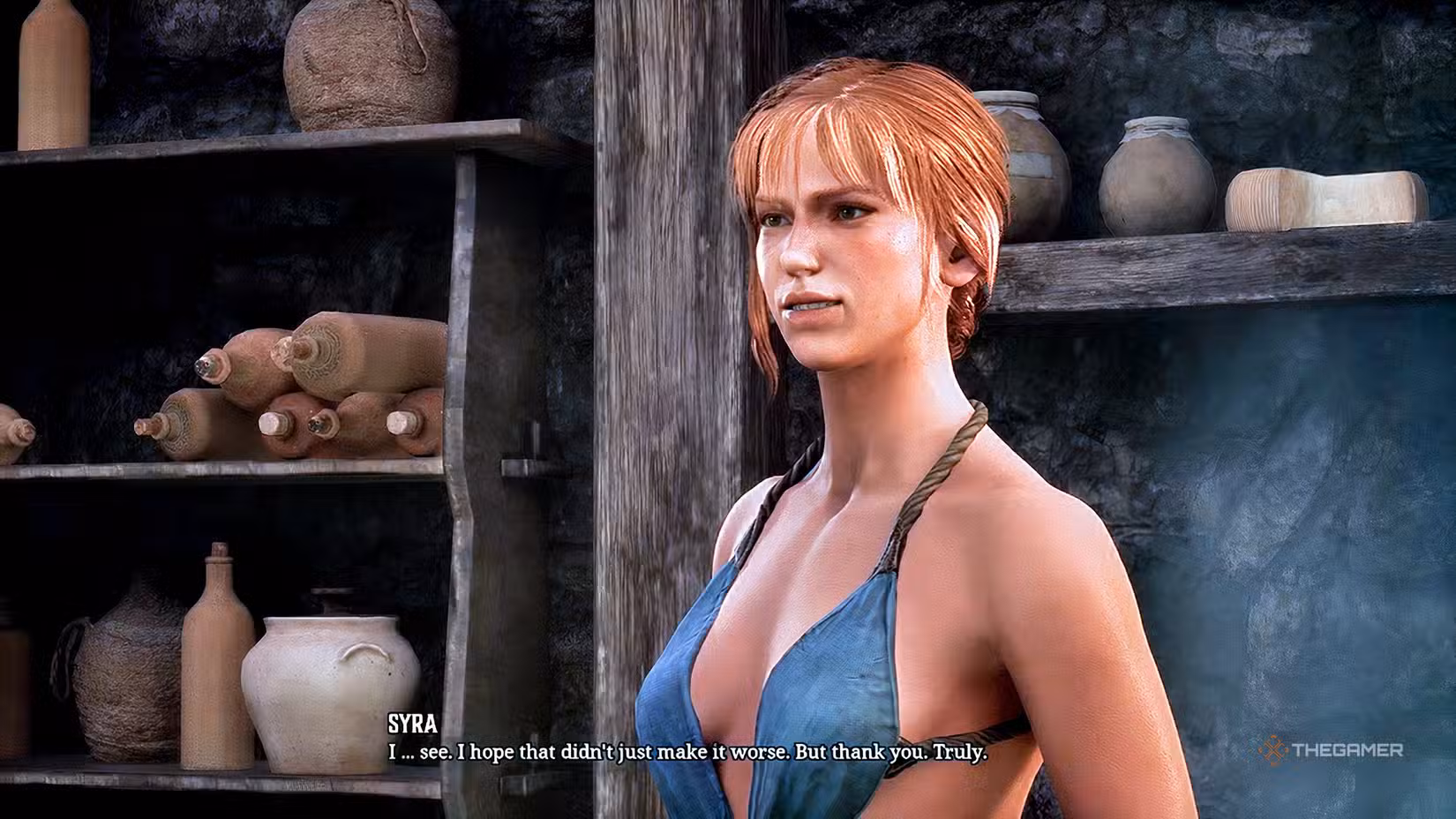 Syra che parla con l'eroe nella cucina di Gothic 1 Remake