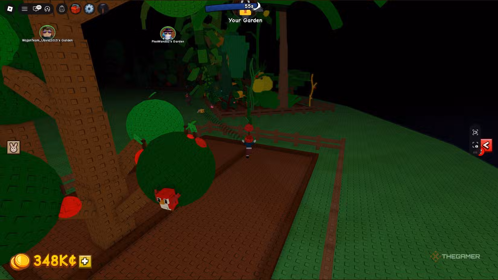 Un giocatore che ruba frutta in Grow a Garden 2 su Roblox