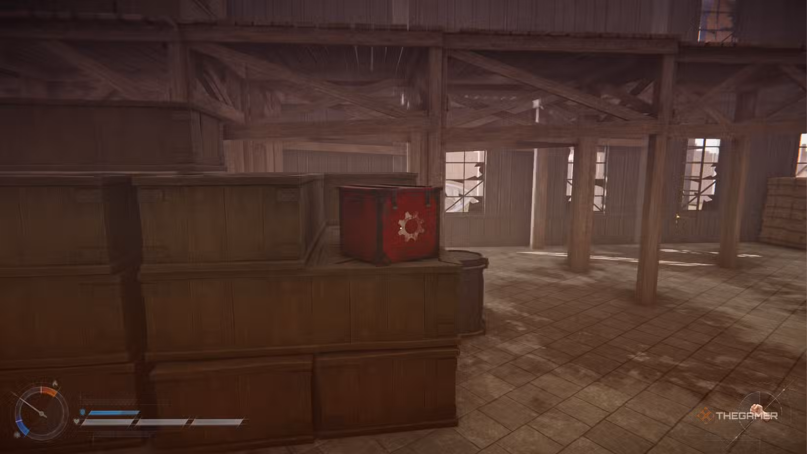 Cassa rossa di Sand Raiders Of Sophie con parti meccaniche sul terreno