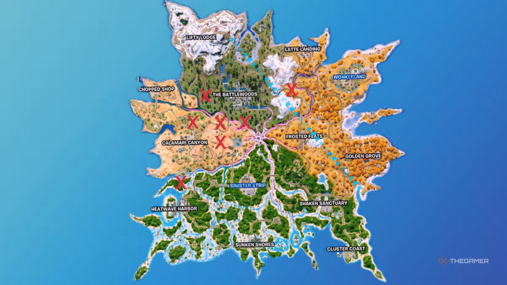 Mappa di Fortnite Chapter 7 Stagione 3 con le posizioni dei boss NPC