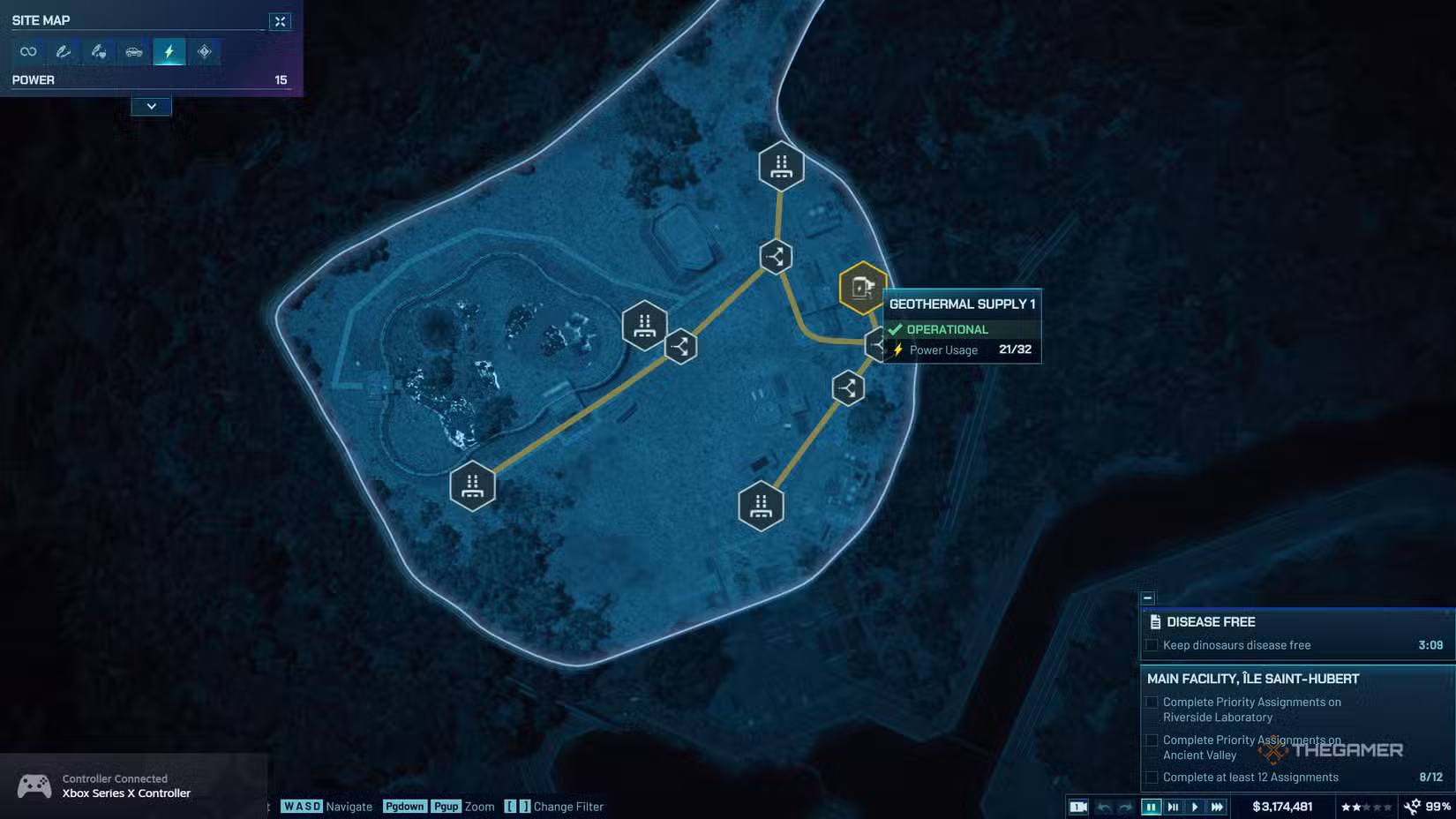 Vista della rete di tubi e generatori geotermici in Jurassic World Evolution 3
