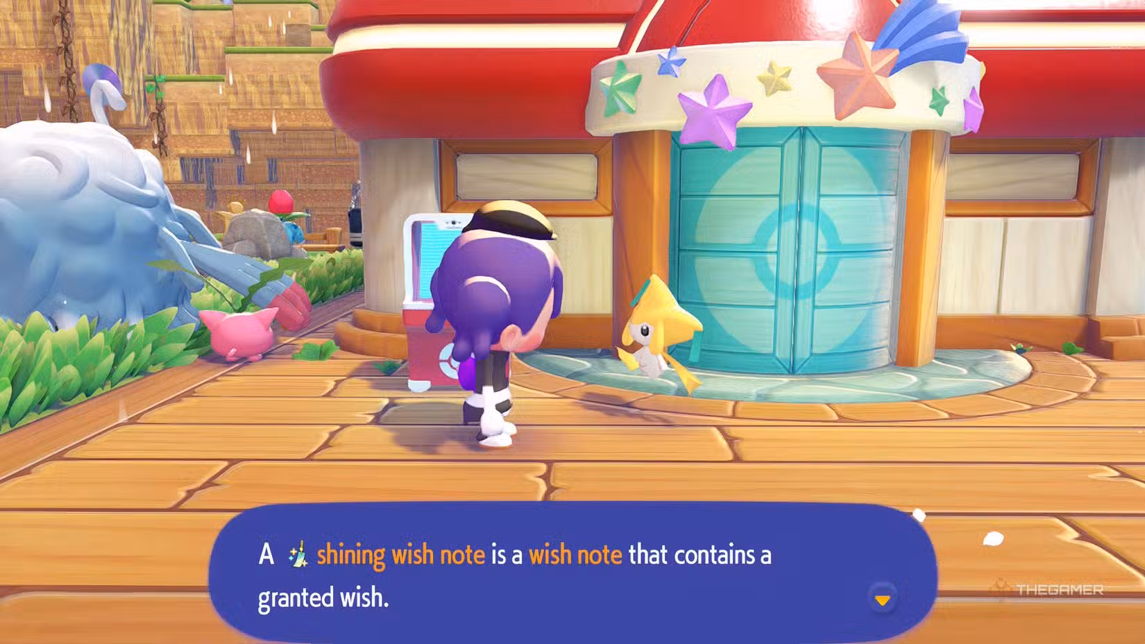 Jirachi fluttua davanti al Pokémon Center nel Withered Wasteland