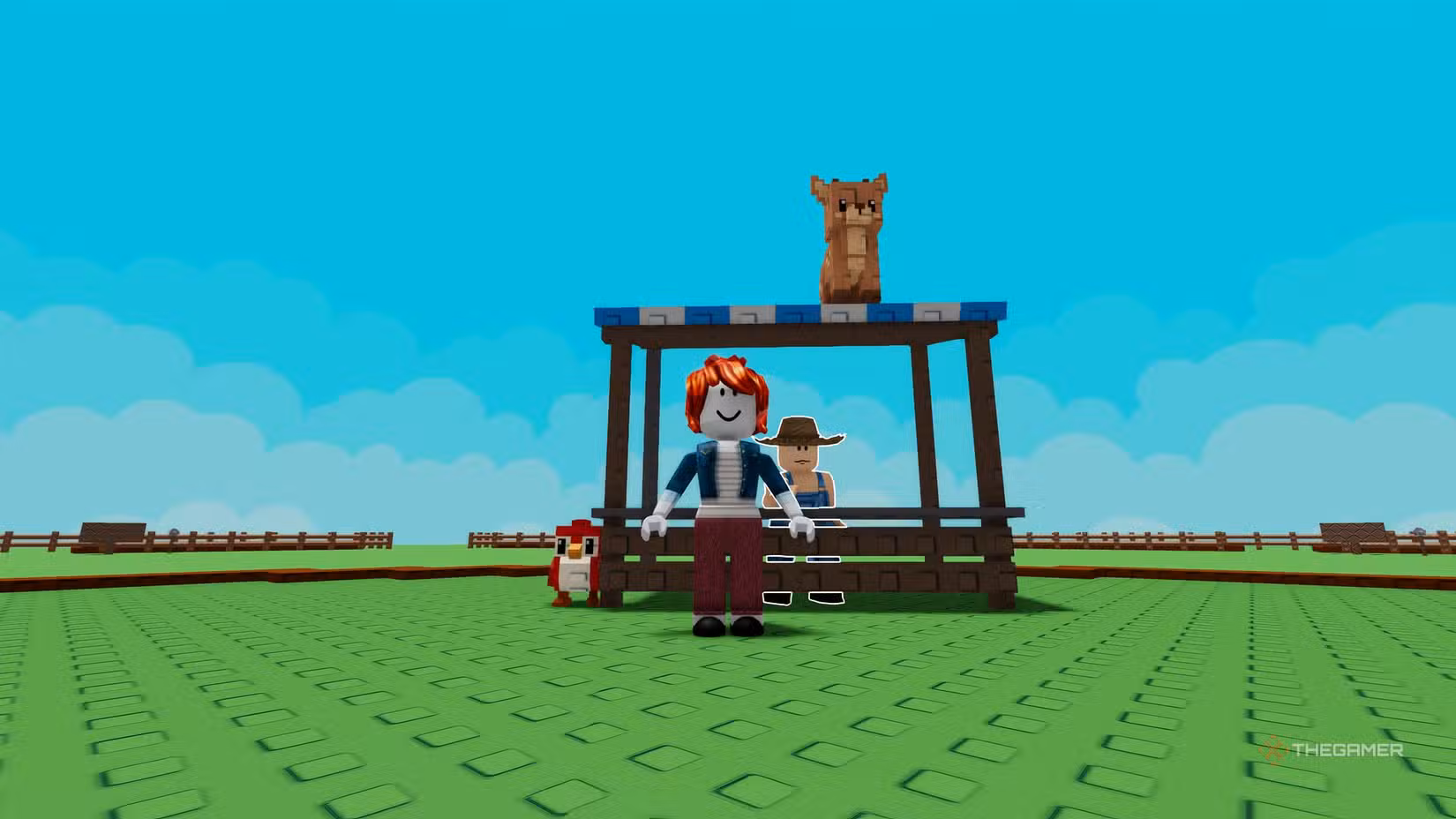 Giocatore e i suoi animali domestici vicino al Gear Shop in Grow a Garden 2 (Roblox)