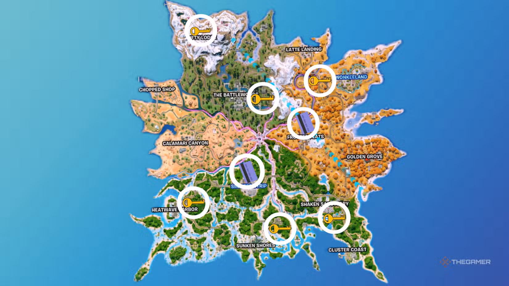 Mappa di Fortnite con le posizioni di chiavi e vault della stagione 3 del capitolo 7.