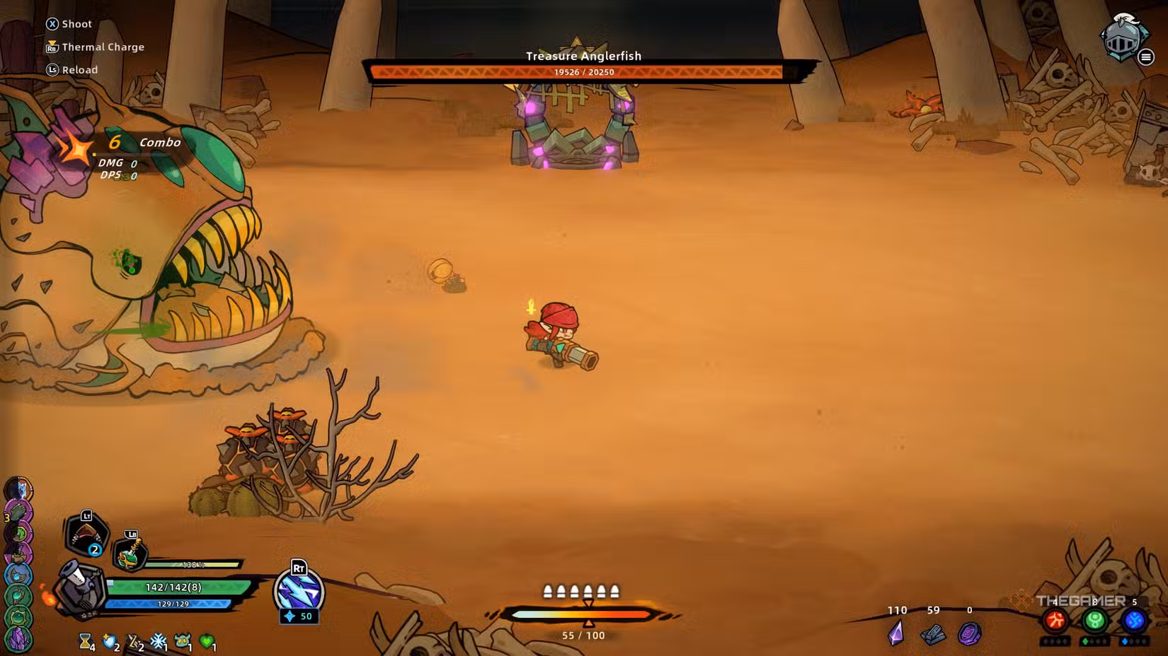 Giocatore che sconfigge il boss Treasure Anglerfish in Lost Castle 2