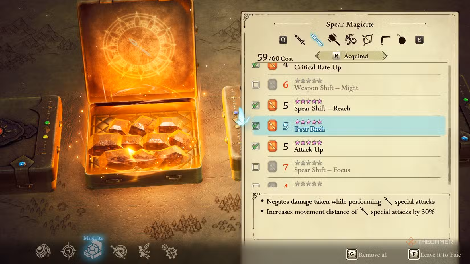 Menu dei magicite della lancia in The Adventures of Elliot: The Millennium Tales