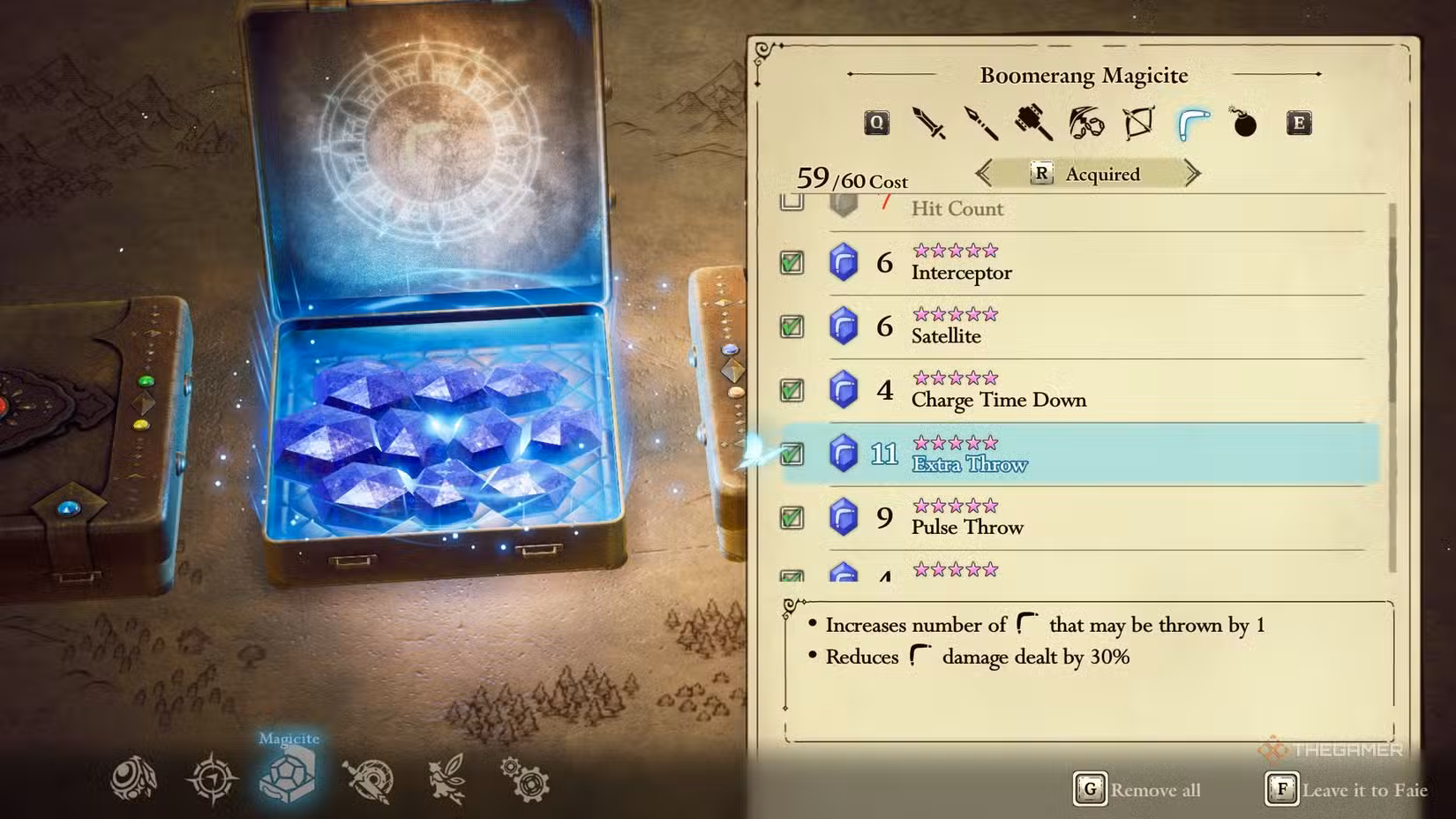 Menu dei magicite per il boomerang in The Adventures of Elliot: The Millennium Tales
