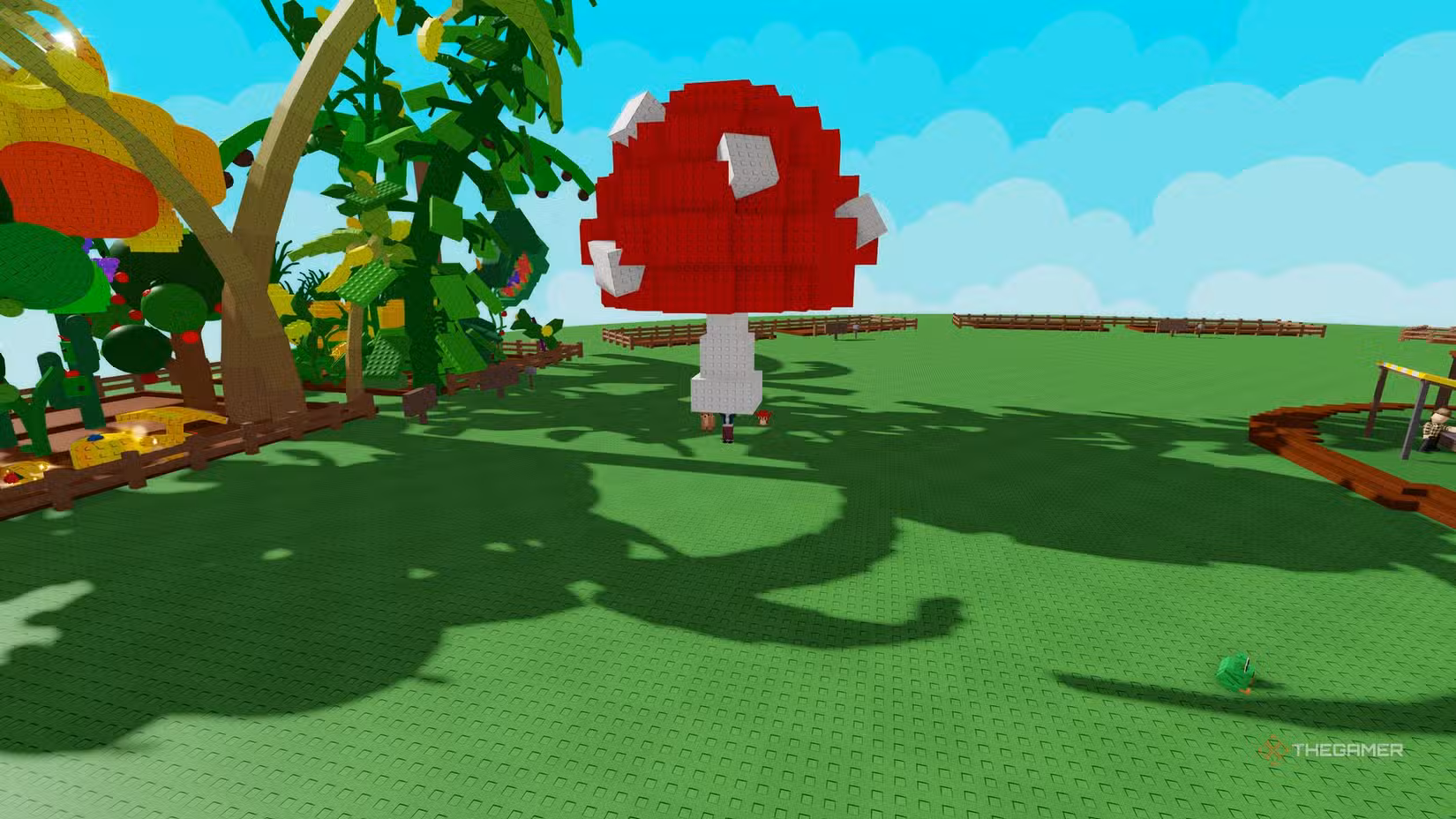 Giocatore che tiene un fungo in Grow a Garden 2 su Roblox.