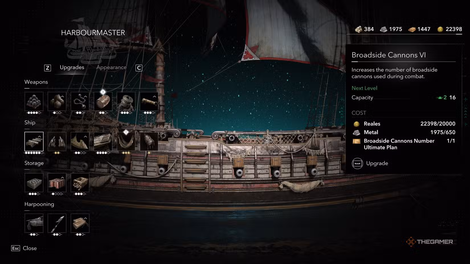 Procedura di upgrade dei cannoni laterali nella Jackdaw