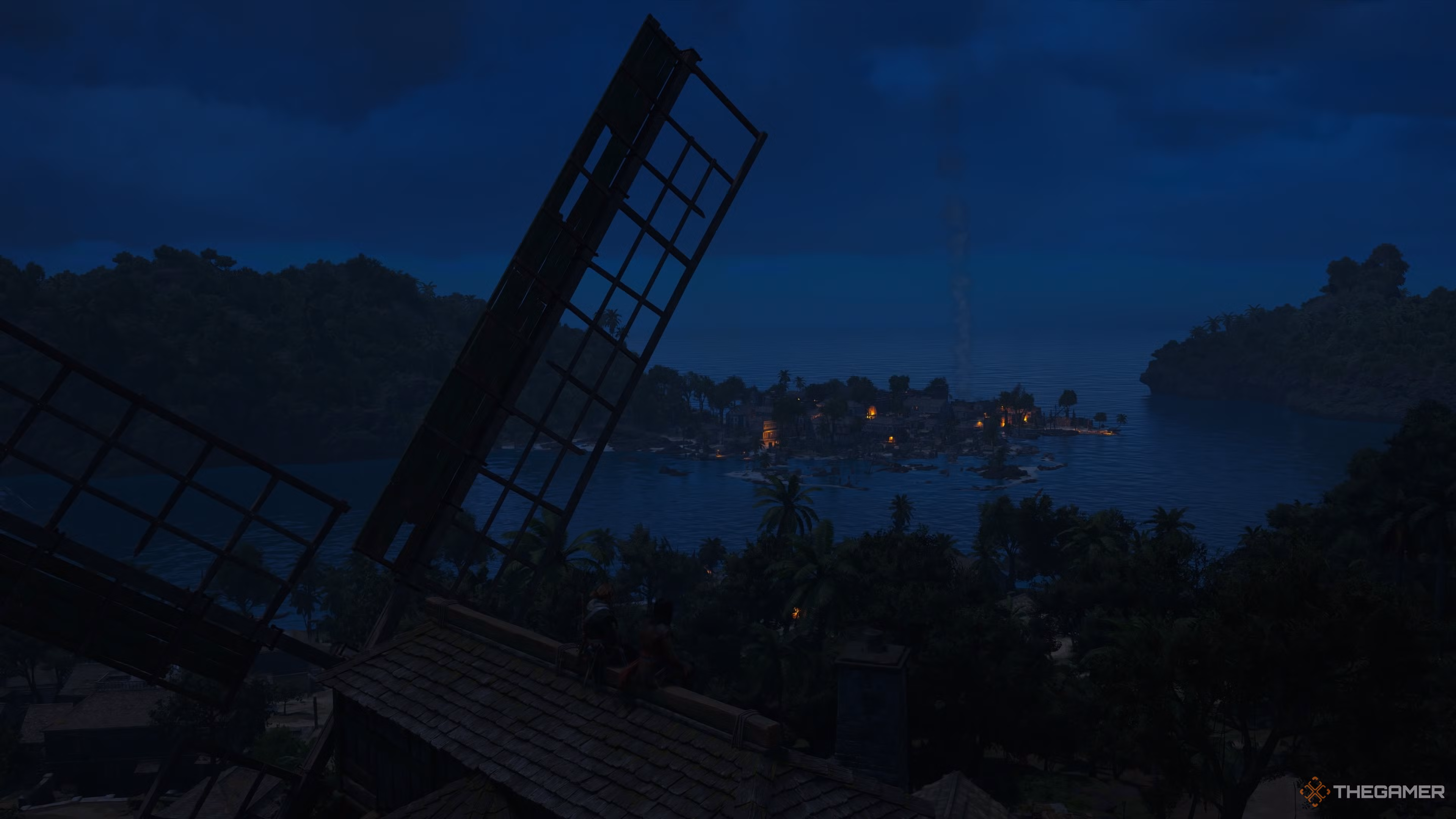 Edward Kenway e Kidd osservano il paesaggio da un mulino a vento in Assassin's Creed Black Flag Resynced