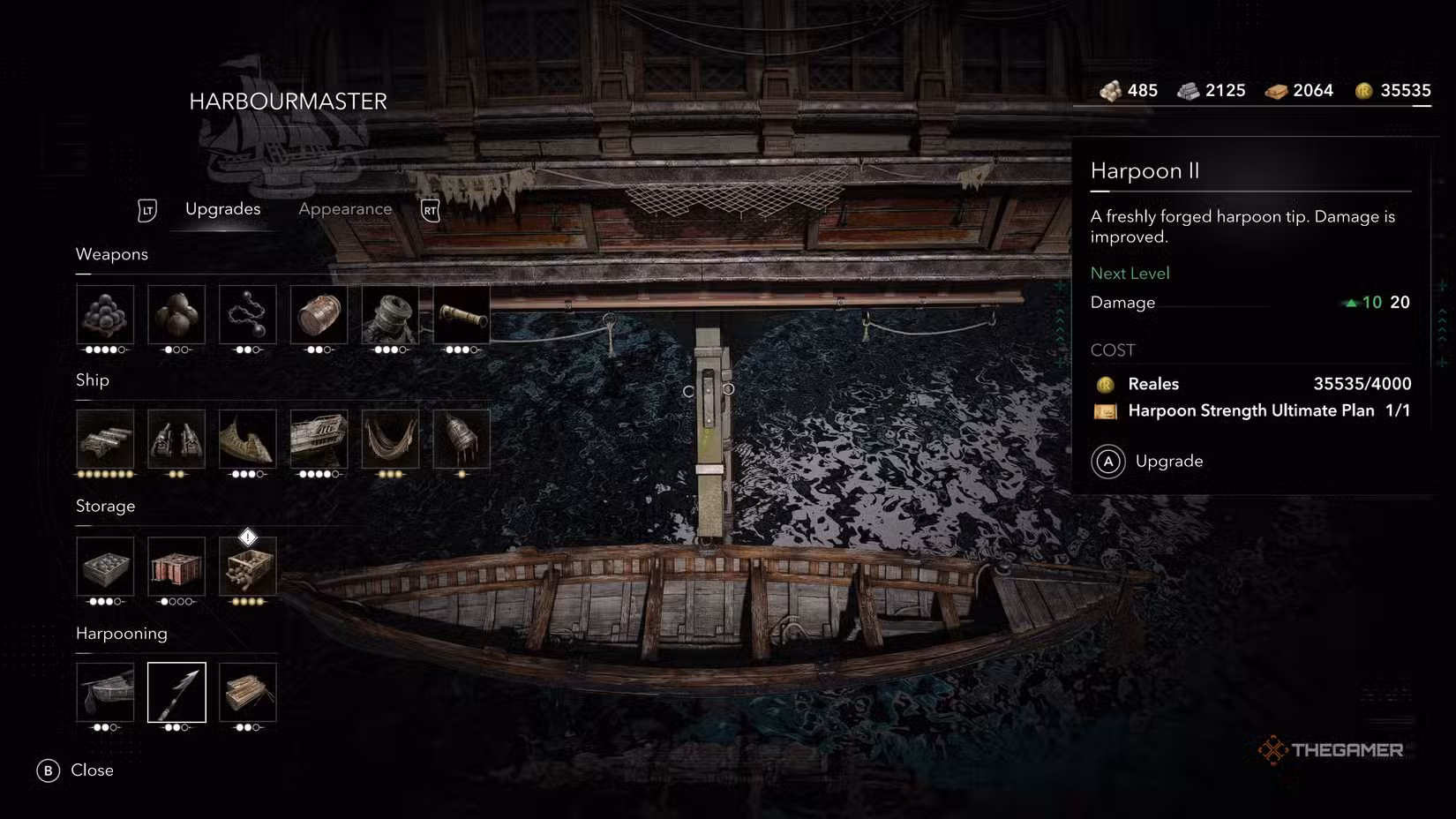 Finestra del menu del Harbourmaster per l'upgrade dell'arpone in Assassin's Creed: Black Flag Resynced