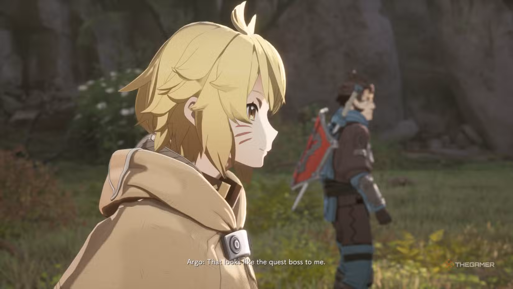 Argo spiega a Iori la strategia contro il boss della missione in Echoes of Aincrad