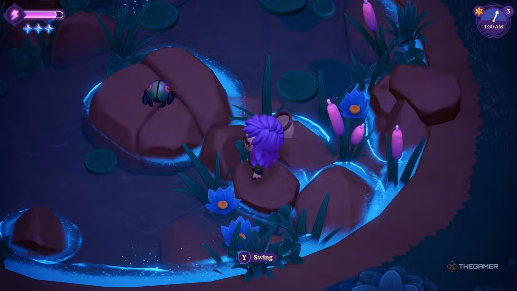 Giocatore pronto a catturare un critter in Moonlight Peaks.