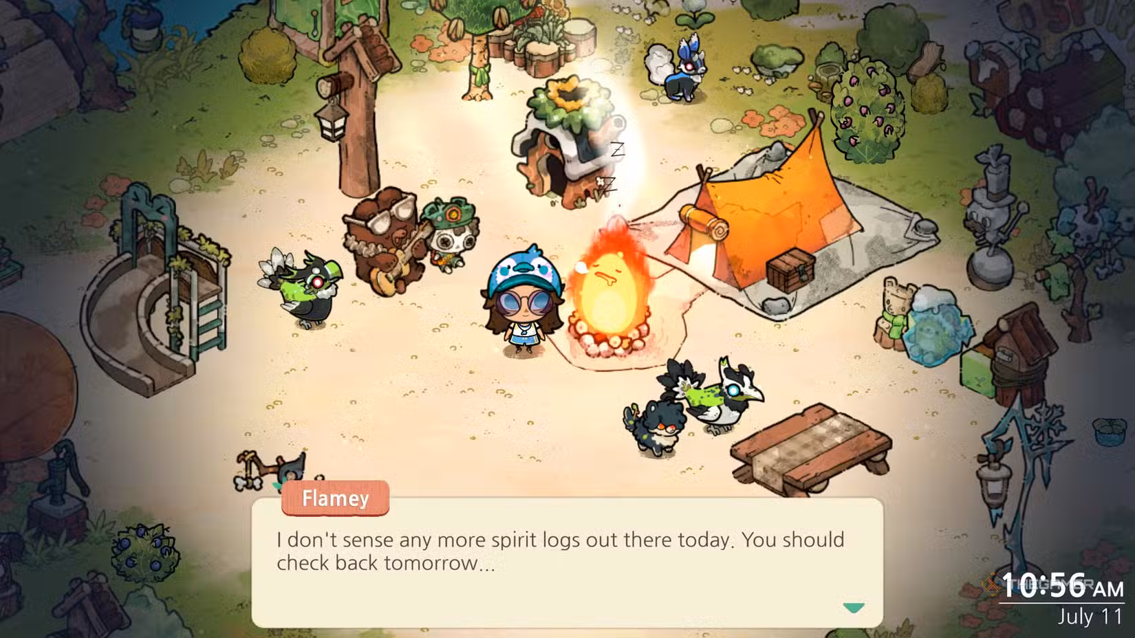 Flamey informa il giocatore che non ci sono più Spirit Logs