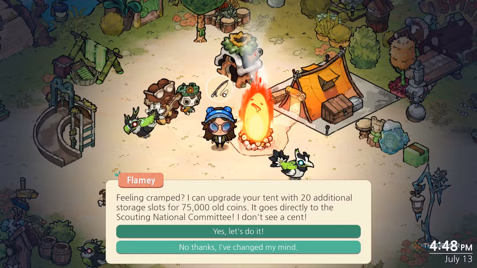Flamey propone l'upgrade della tenda in Cozy Grove: Camp Spirit