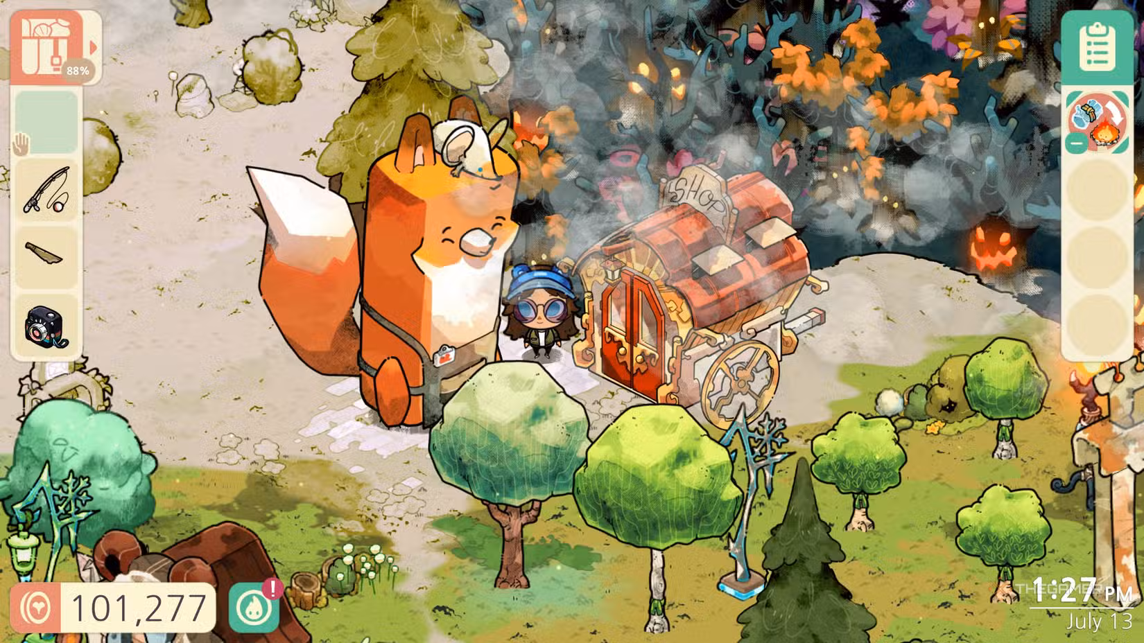 Mr. Kit accanto a una guida in Cozy Grove: Camp Spirit