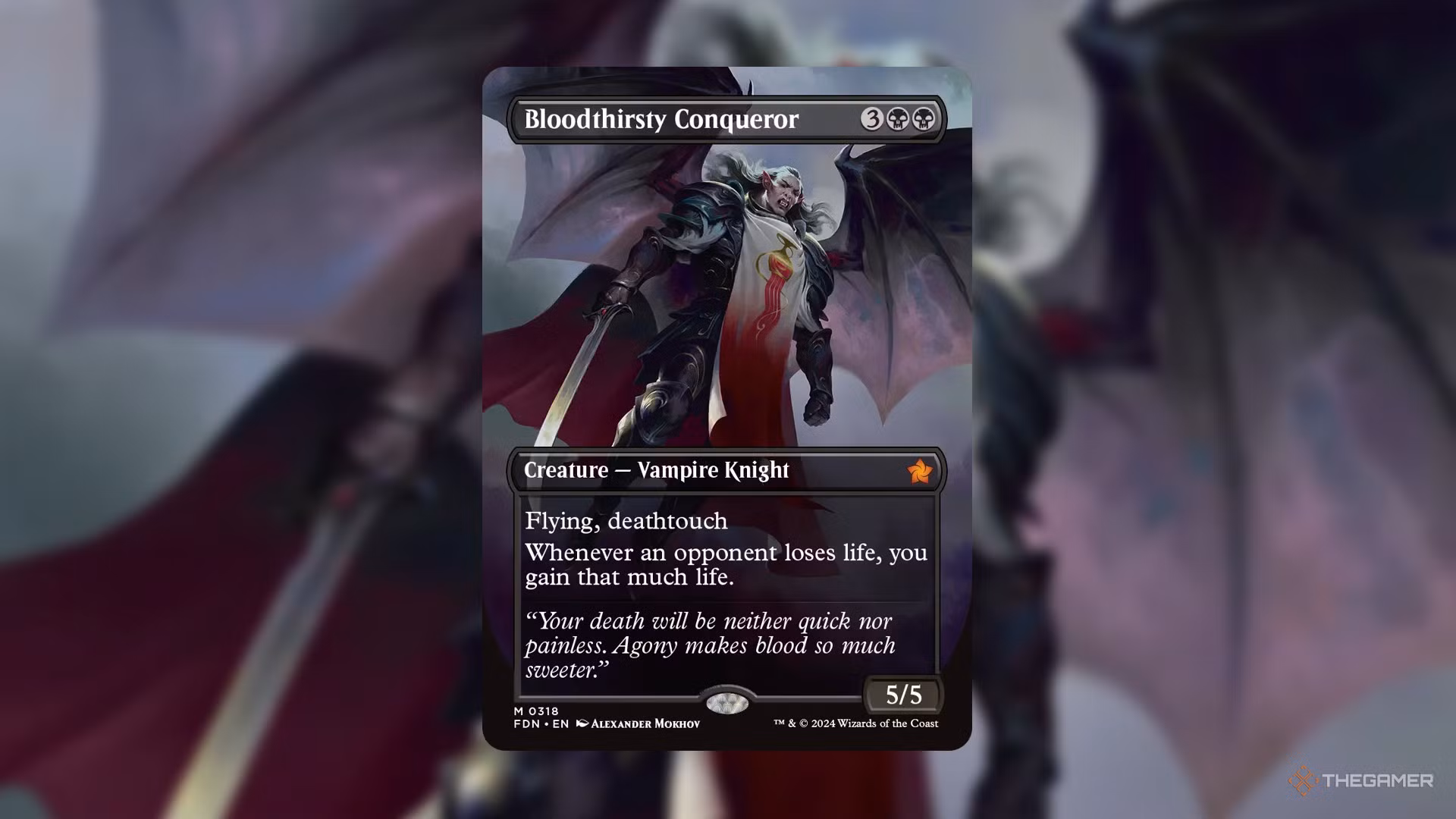 Illustrazione della carta Bloodthirsty Conqueror, vampiro volante con Deathtouch