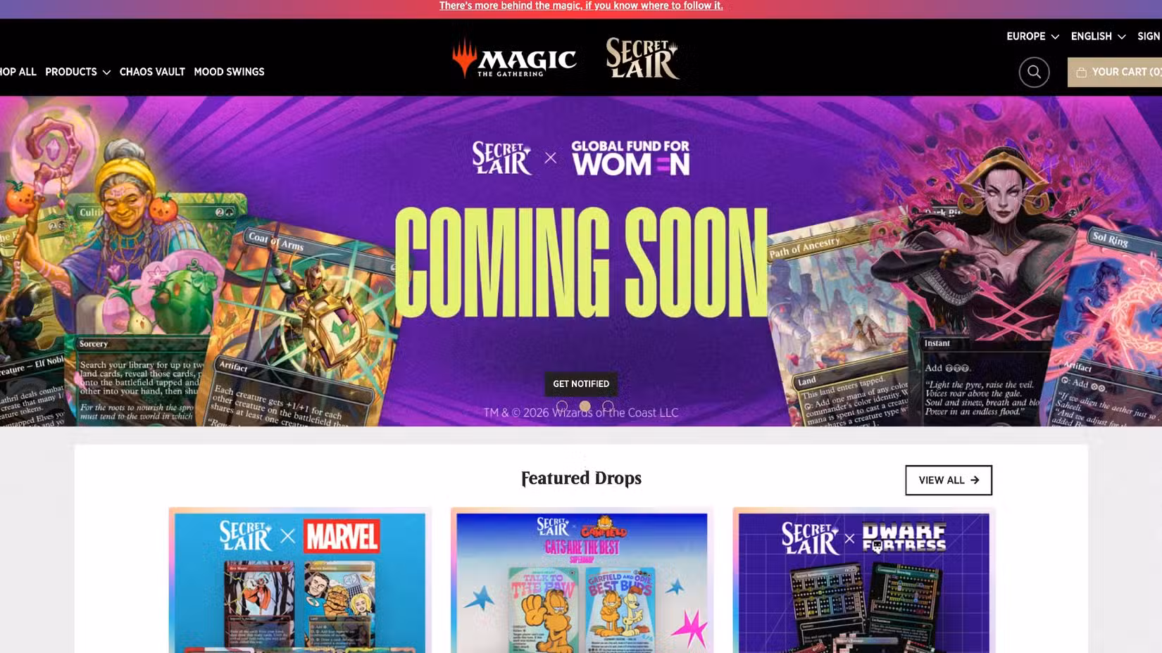 Schermata della pagina Secret Lair con alcuni dei prodotti disponibili