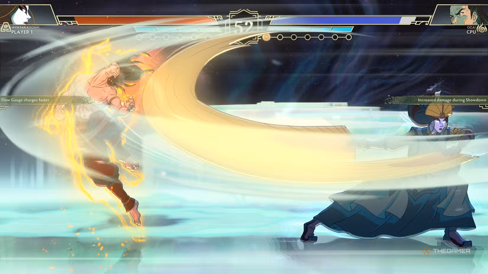 Kyoshi utilizza attacco pesante contro Ozai in Avatar Legends: The Fighting Game.