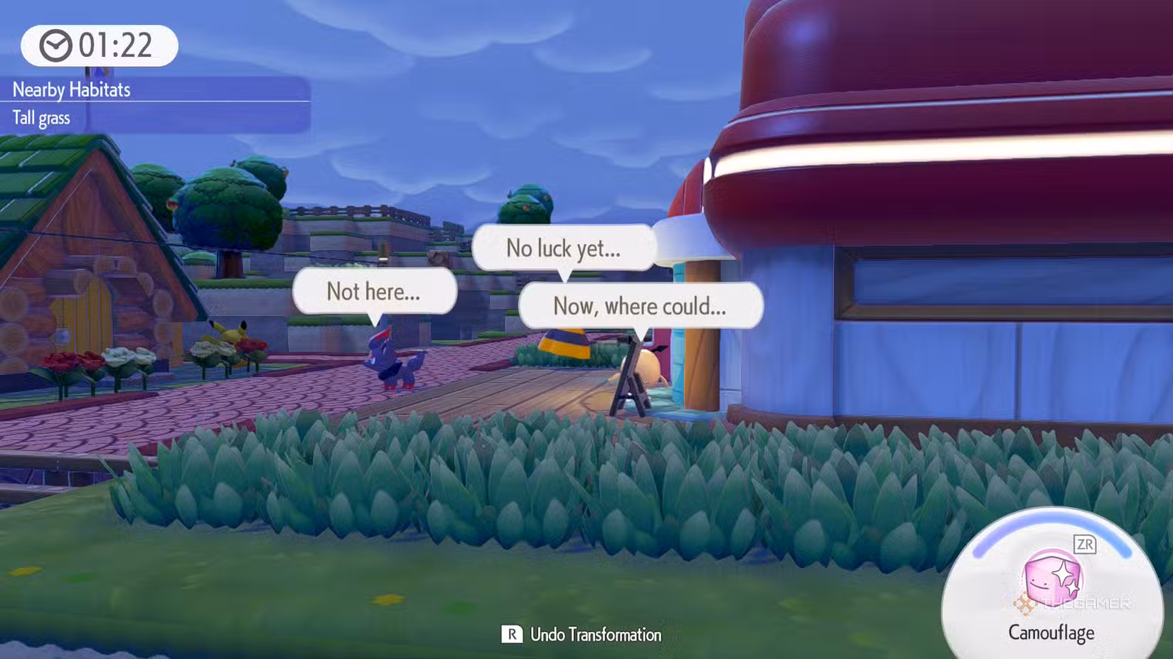 Zorua e altri due Pokémon cercano Ditto davanti al Centro Pokémon