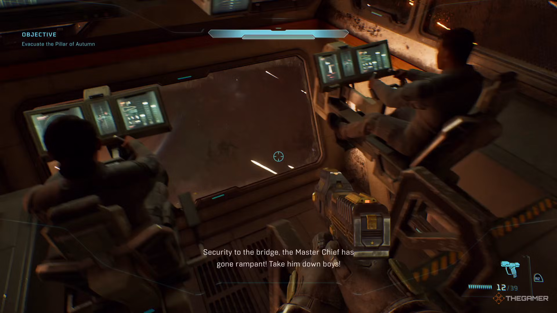 Vista del vano di osservazione sotto il ponte di comando in Halo: Campaign Evolved.