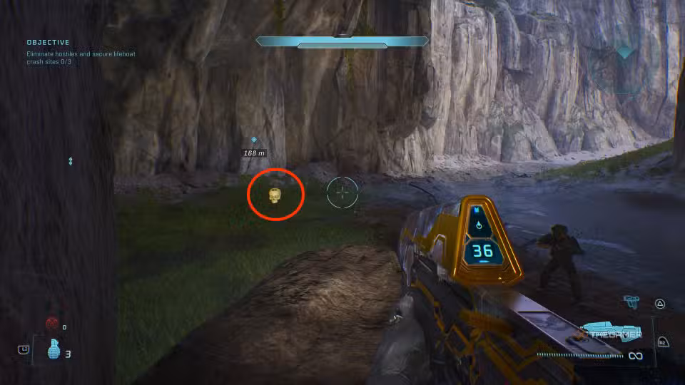 Skull fluttuante sopra una roccia nel canyon di Halo
