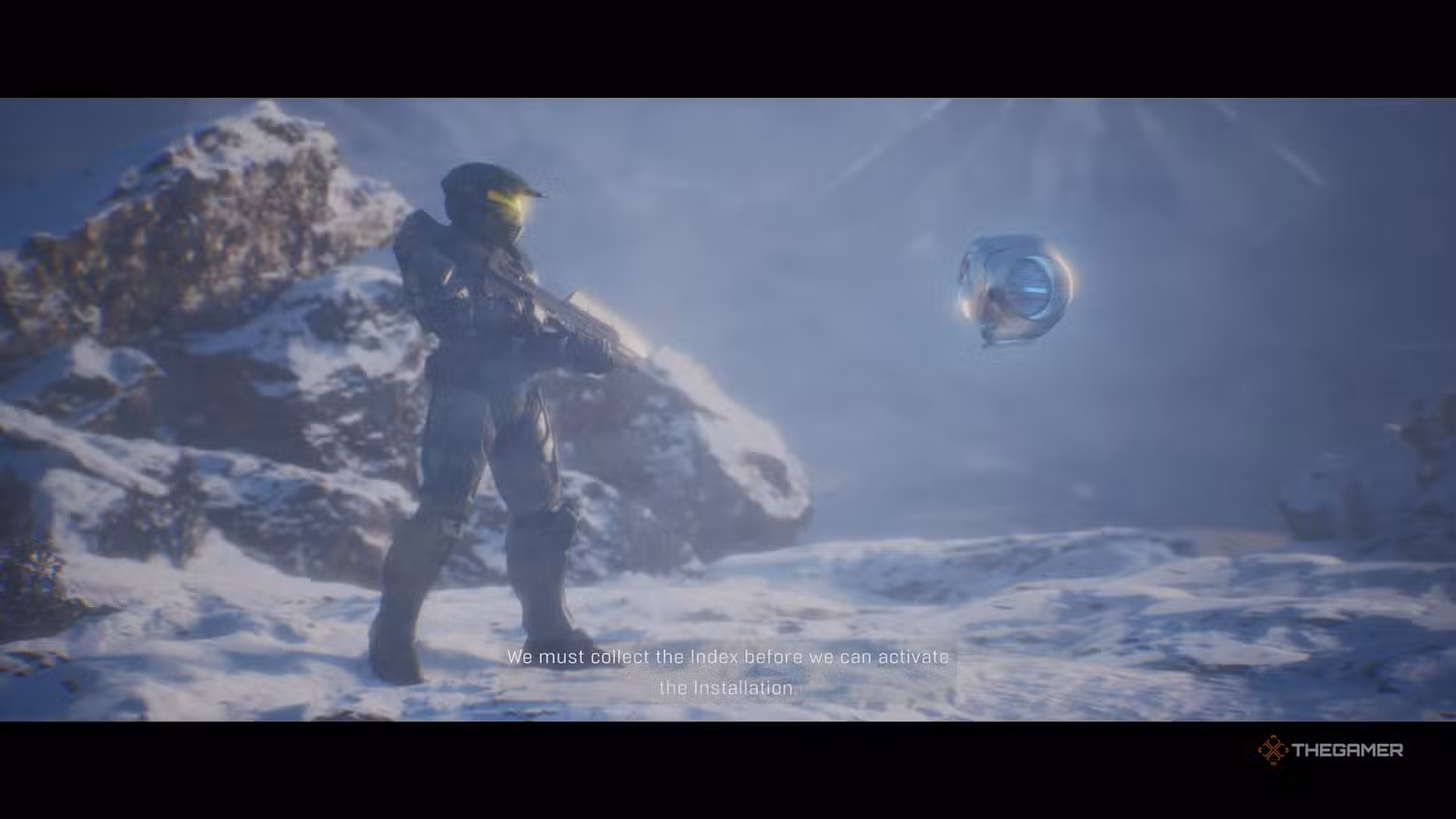 Master Chief di fronte a 343 Guilty Spark nella Library di Halo Campaign Evolved