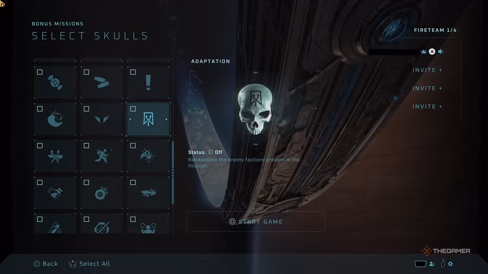 Schermata di selezione degli skull in Halo Campaign Evolved