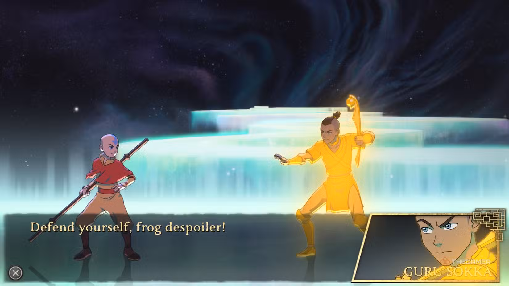 Aang e Guru Sokka in dialogo nella Modalità Storia di Avatar Legends: The Fighting Game.