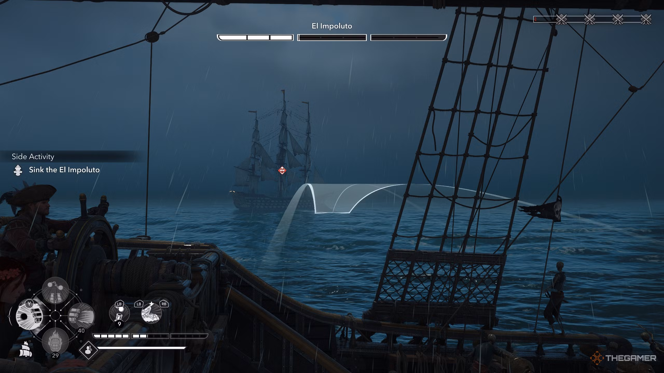 Nave Jackdaw potenziata pronta per il combattimento contro El Impoluto in Assassin's Creed: Black Flag Resynced.