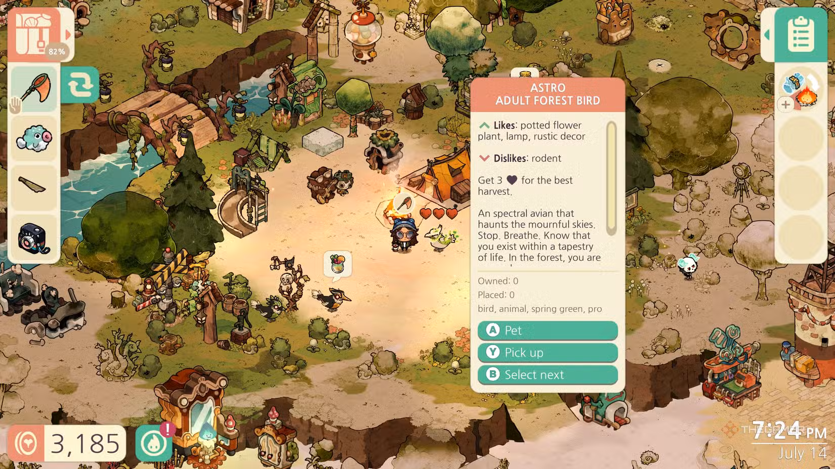 Preferenze di decorazioni, animali e piante in Cozy Grove Camp Spirit