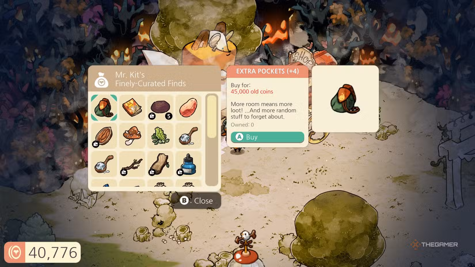 Upgrade extra pockets per lo zaino nel negozio di Mr. Kit in Cozy Grove: Camp Spirit