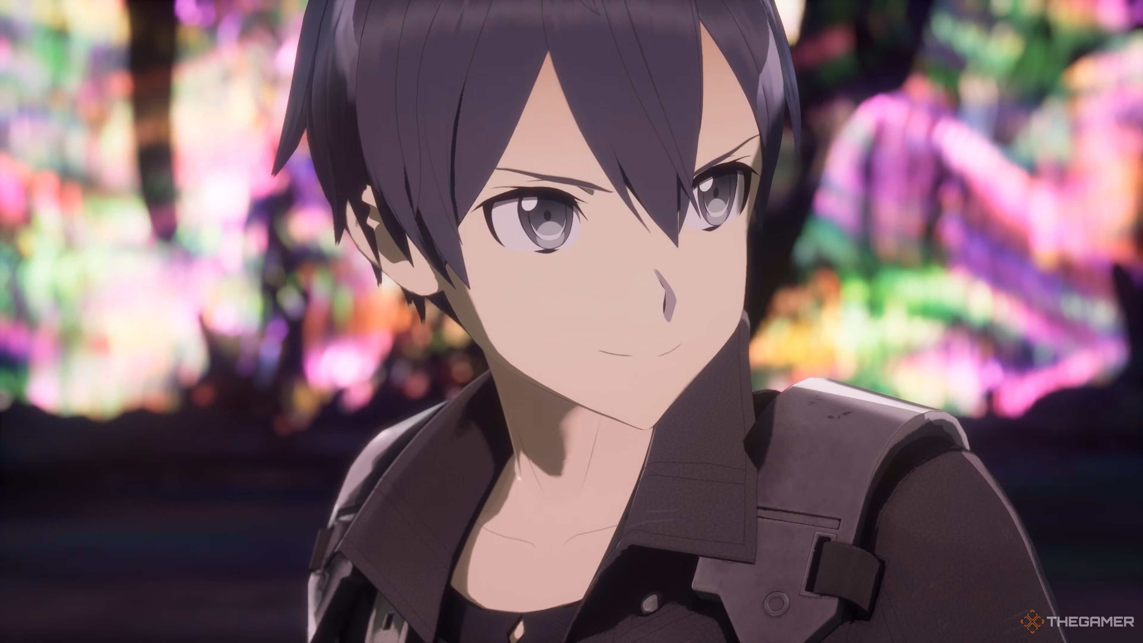 Kirito sorridente davanti a uno sfondo arcobaleno in Echoes of Aincrad