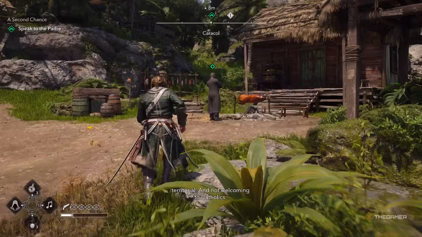 Edward Kenway si avvicina a Padre mentre arrostisce un maiale