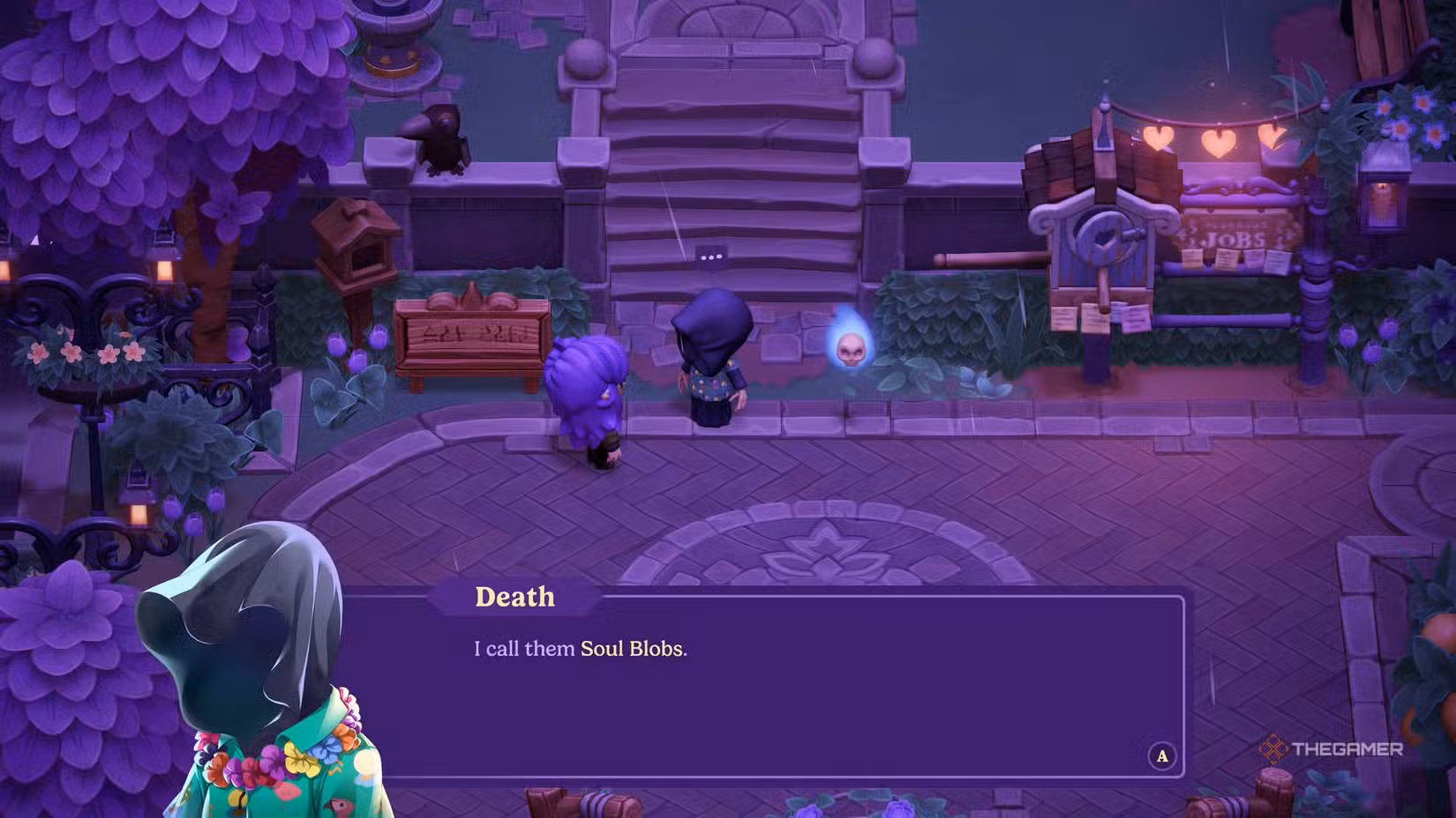 Interazione con Death nella necropoli di Misty Shores in Moonlight Peaks.