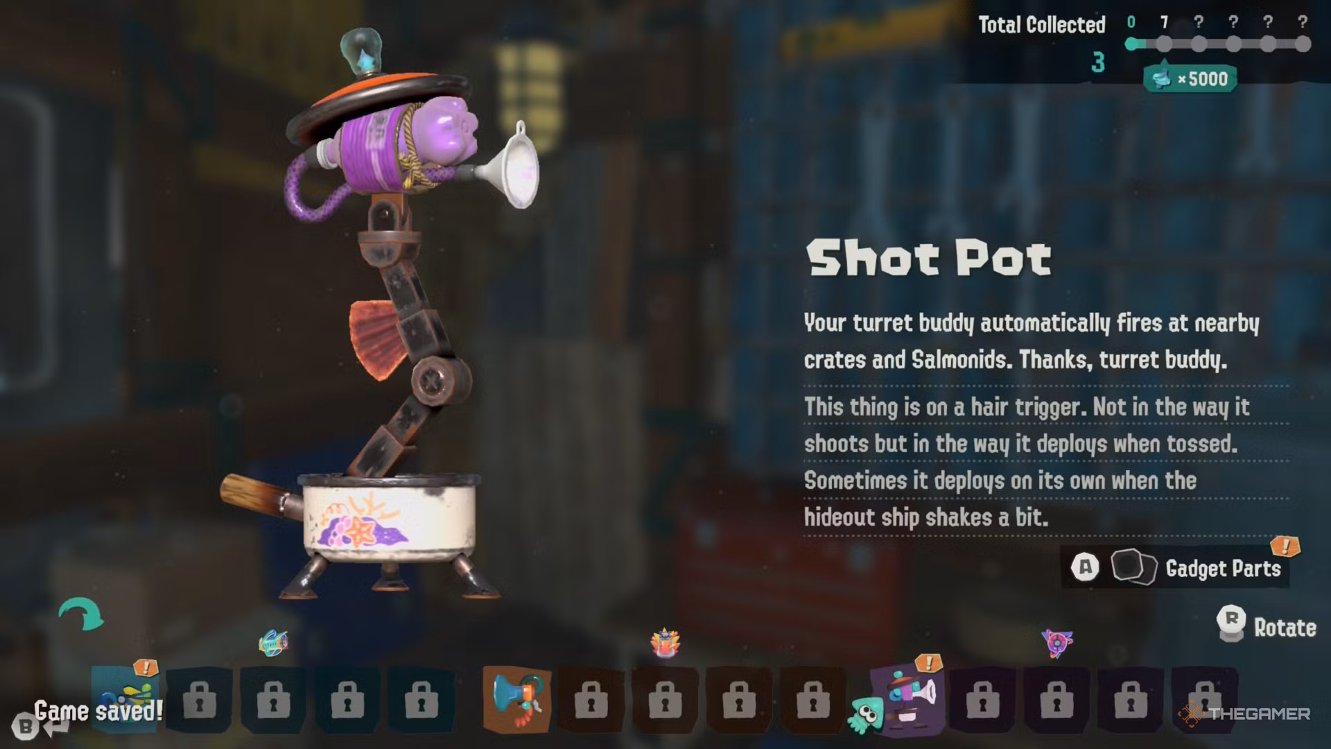 Schermata del gadget Shot Pot nel menu Tank di Splatoon Raiders.