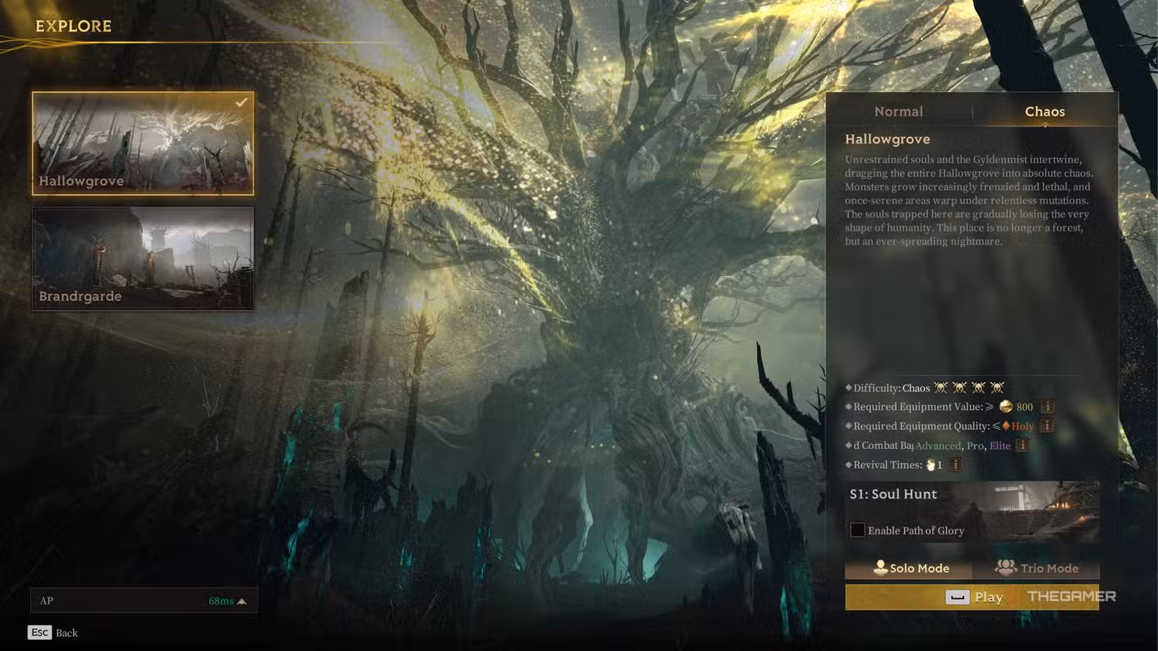 Selezione della difficoltà Chaos per Hallowgrove in Mistfall Hunter