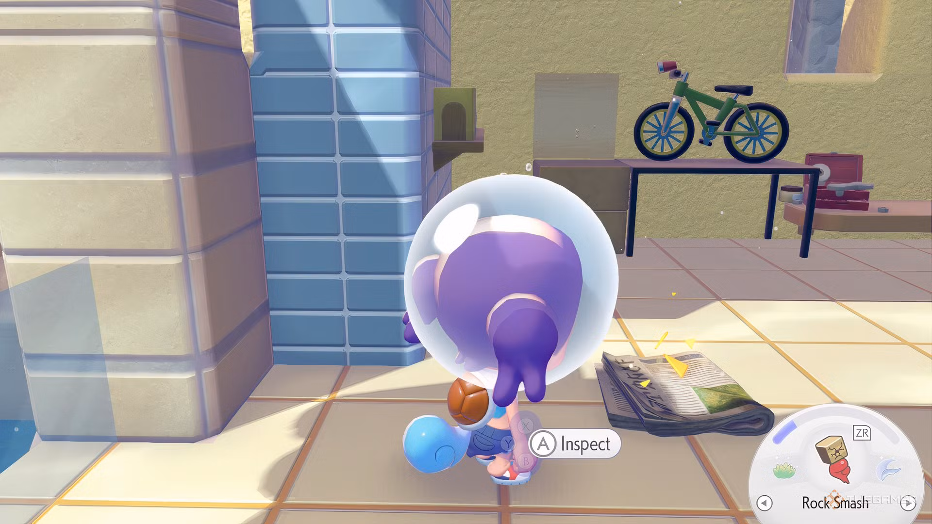 Ditto davanti a un giornale in un negozio di biciclette di Bubbly Basin