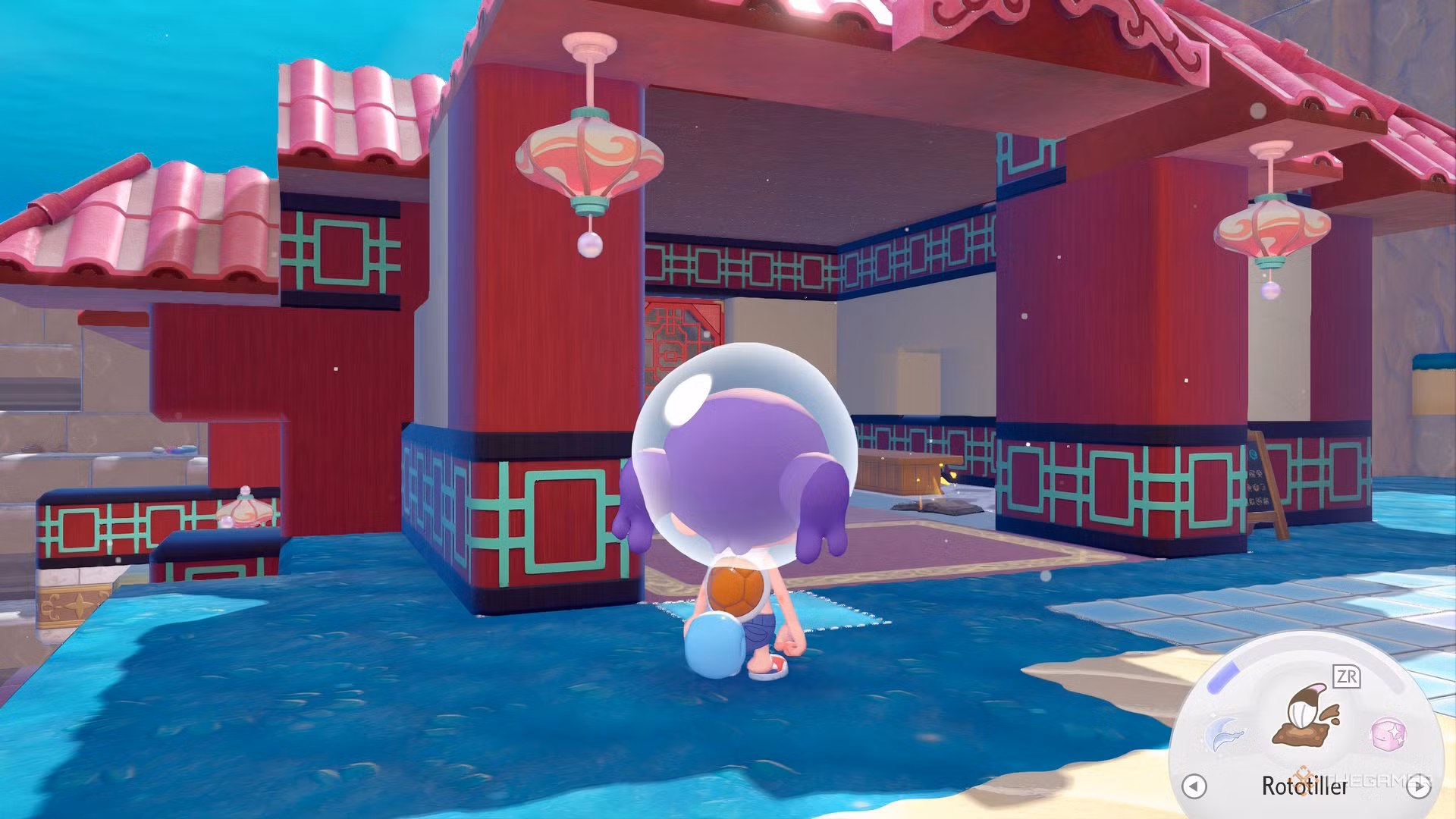 Ditto fuori da un edificio rosso in Pokemon Pokopia