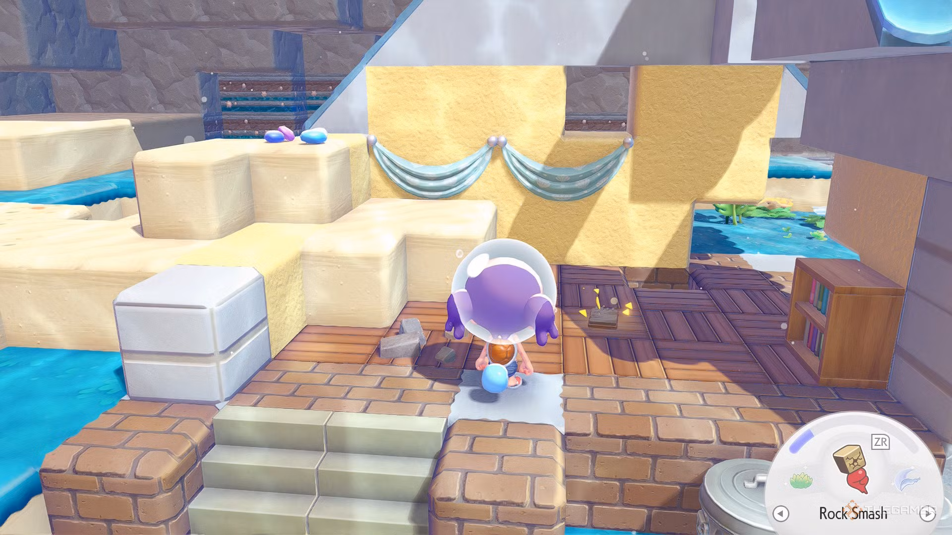 Ditto vicino a un taccuino sul pavimento nella rovina in Pokemon Pokopia