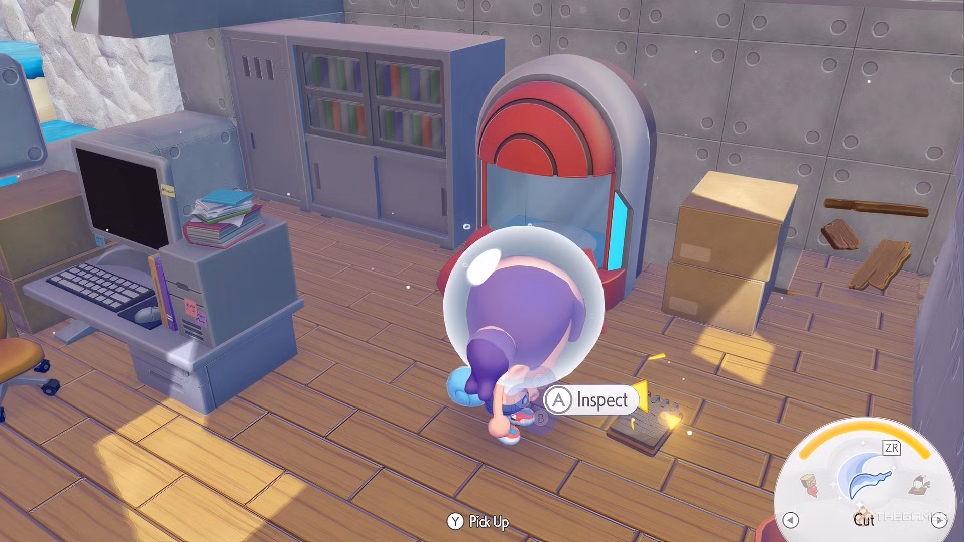 Ditto che raccoglie una nota accanto al Pod del Portale in Pokemon Pokopia