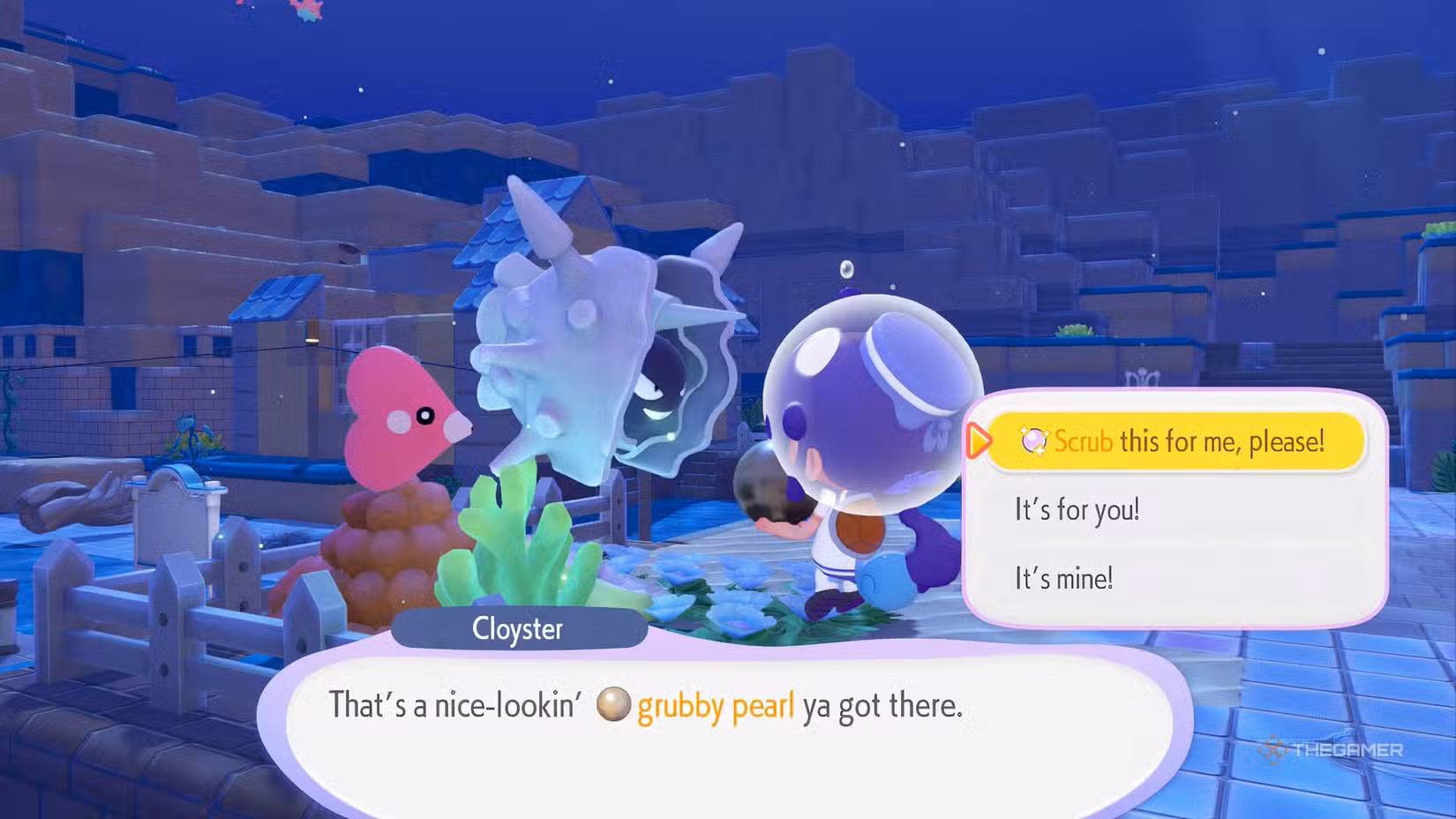 Ditto consegna una Grubby Pearl a Cloyster in Pokémon Pokopia