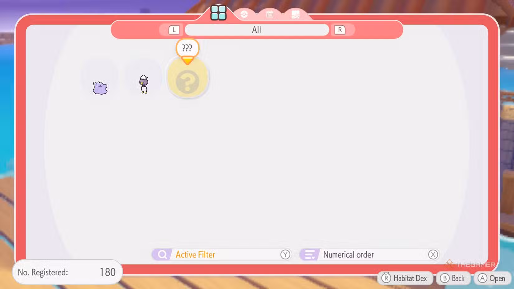 Filtro Pokédex che evidenzia Pokémon sconosciuti nell'area di Bubbly Basin