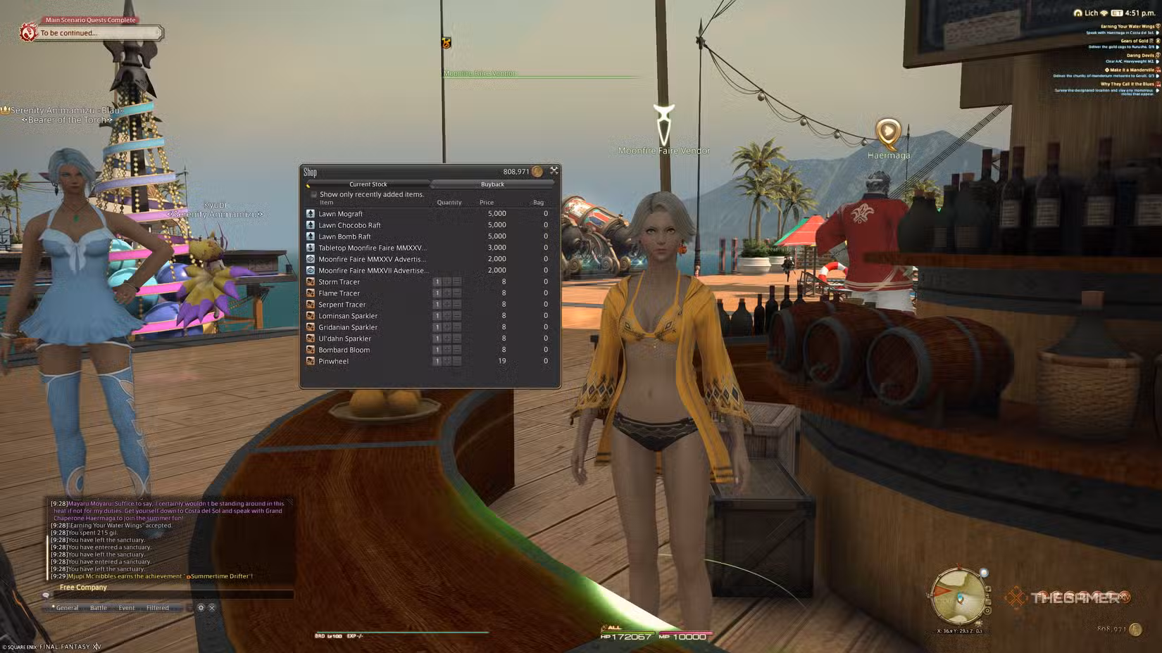 Vendor della Moonfire Faire con gli oggetti disponibili in Final Fantasy XIV
