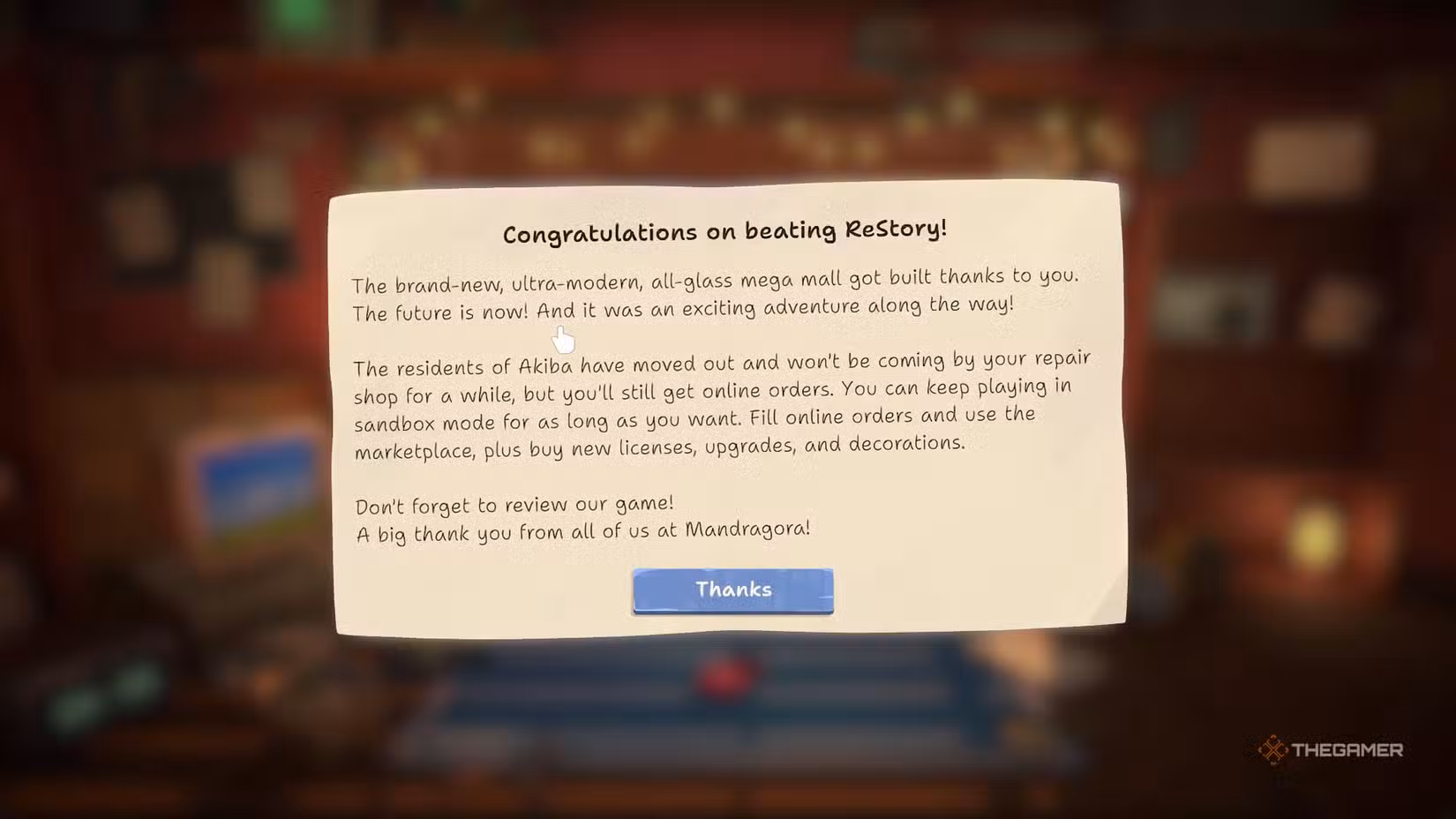 Descrizione del finale negativo di ReStory: Chill Electronic Repairs, dove il negozio resta aperto e il mega‑mall viene costruito