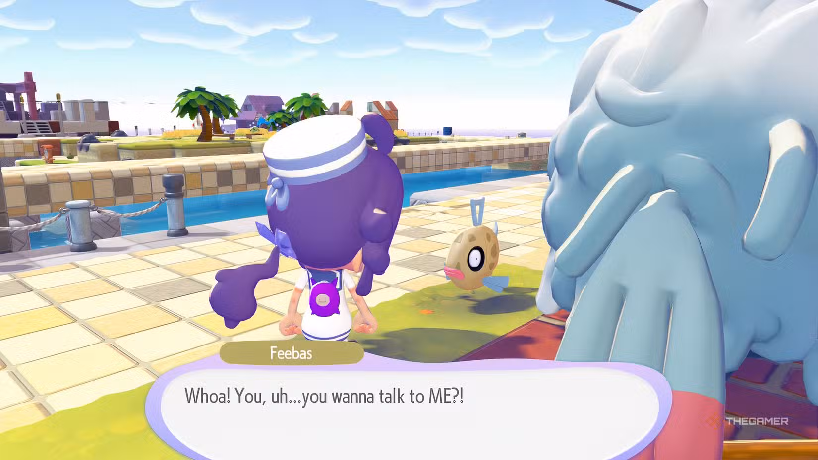 Feebas che parla con Ditto al Pokécentro di Pokemon Pokopia