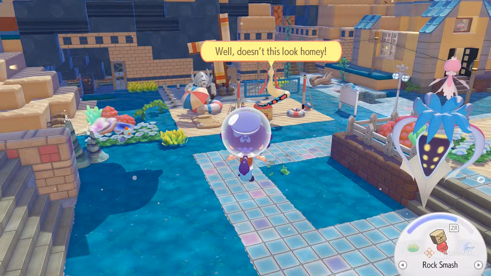 Milotic che appare in un habitat balneare di Pokemon Pokopia