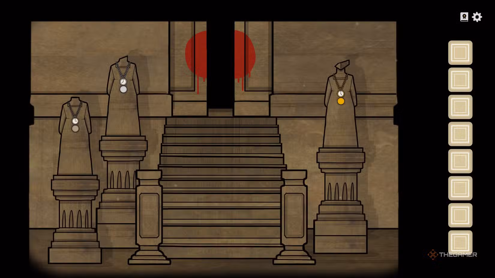 Puzzle del cronometro con tre statue, impostare ore 3‑8‑5