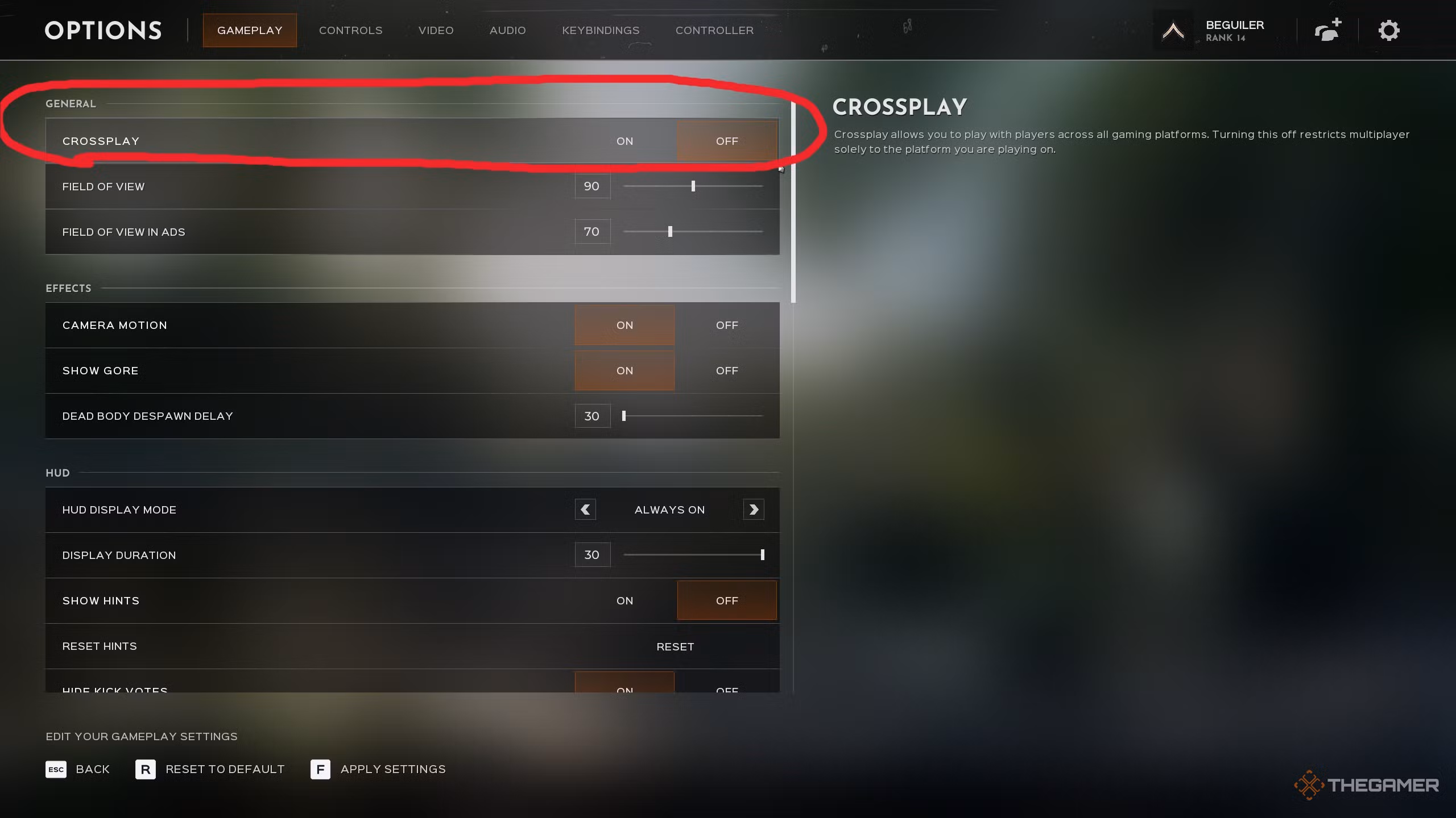 Menu delle impostazioni per disattivare il crossplay in Hell Let Loose: Vietnam