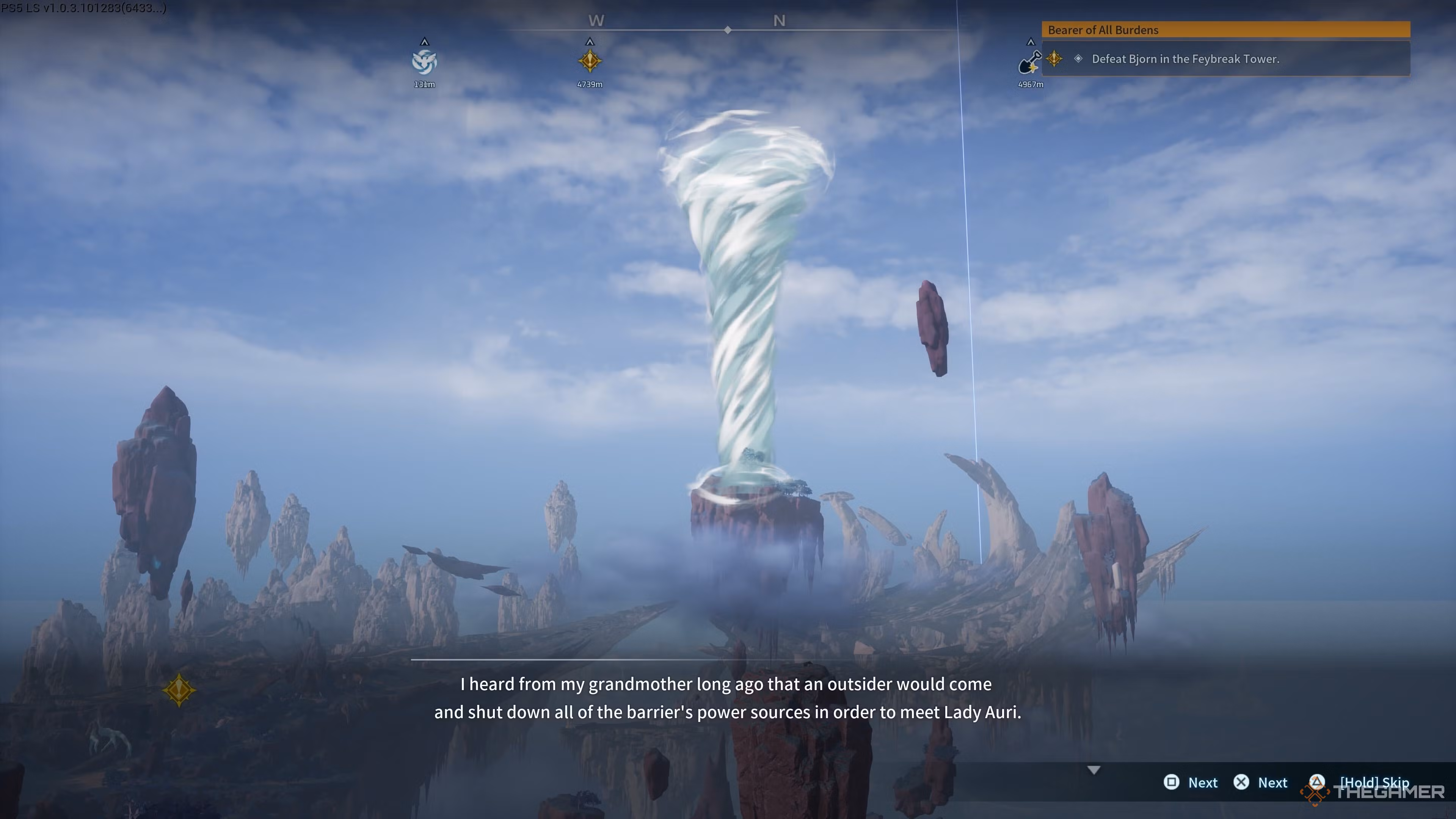 NPC che spiega il tornado che blocca l'Azure Covenant su Sunreach Island